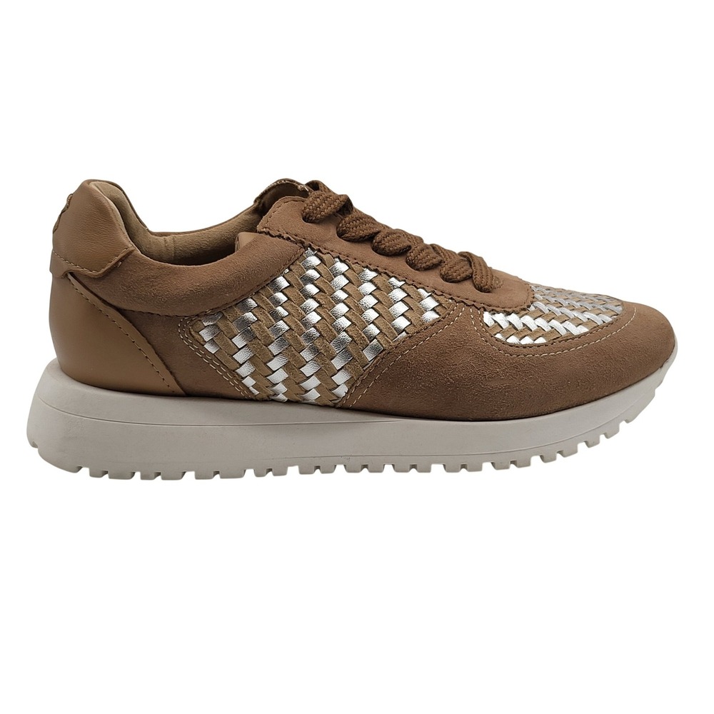 Lucky Brand Deva Women's 6 Tan Metallic Silver Woven Leather Sneaker LK-DEVA